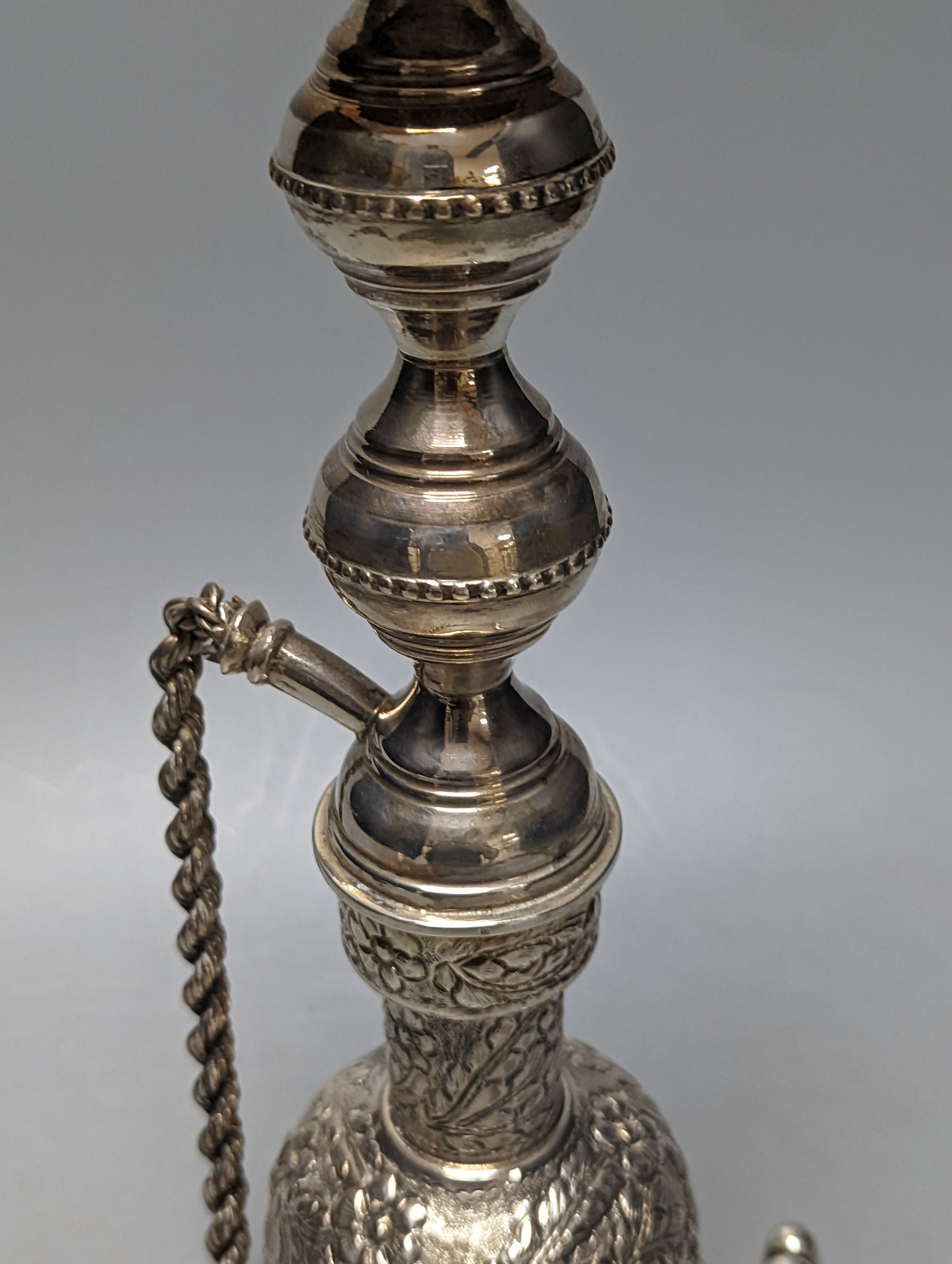 A 20th century Egyptian white metal hookah, post 1946 mark, height 36.3cm, gross 18.5oz.